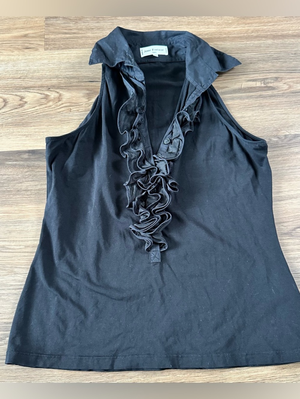 Anne‎ Fontaine Nastia Sleeveless Ruffle Button Front Black Blouse 42 Paris Shirt